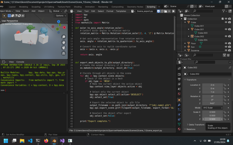 A screenshot of blender with the python export script in the script editor.